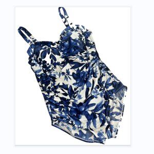 Catherines 24W Plus Navy Floral Tummy Control Flattering One Piece Swimsuit